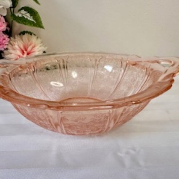 Jeanette Glass Cherry Blossom Pink Depression Bowl Two-Handled Floral Dish - Picture 6 of 6